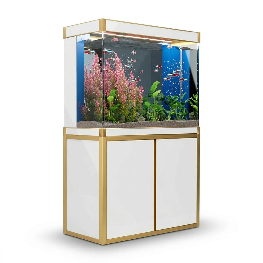 Acuario de 100 galones – Cristal templado blanco y dorado
