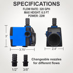 Aqua Dream 320 GPH Submersible Pond & Fountain Pump | Epoxy-Sealed, Adjustable Flow, UL Listed – Waterfall, Hydroponics & Aquaponics Water Feature Pump, 22W, 12 ft SJTW 3-Prong Cord